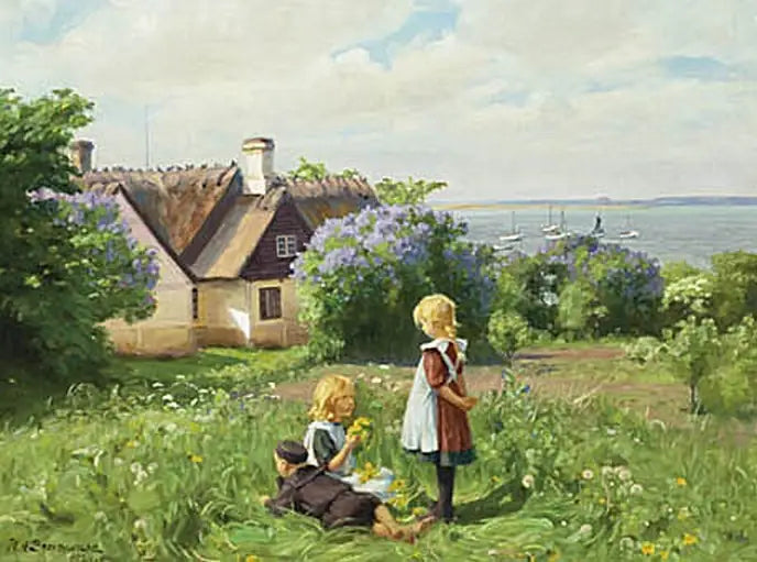 로스킬드 피오르드의 여름, 아이들이 꽃 왕관을 만들고 있습니다. - H. A. Brendekilde

Source:
L'été au fjord de Roskilde, les enfants fabriquent des couronnes de fleurs. - H. A. Brendekilde