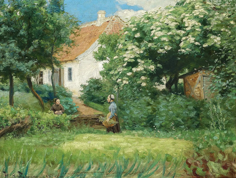 여름 정원. 두 여성이 꽃이 피어난 밤나무 근처에서 이야기하고 있습니다. - H. A. Brendekilde

Source:
L'été au jardin. Deux femmes discutent près d'un châtaignier en fleurs. - H. A. Brendekilde