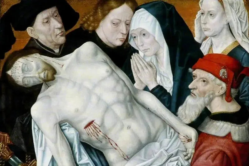 슬픔, 죽은 그리스도를 지탱하는 세례 요한, 아리마대 사람 요셉, 니고데모와 함께 성모 마리아와 마리아 마다레나 - 휴고 반 데르 고스