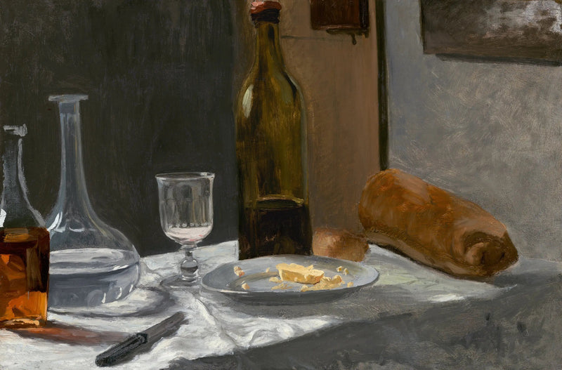 병, 물병, 빵과 와인이 있는 정물 - Claude Monet