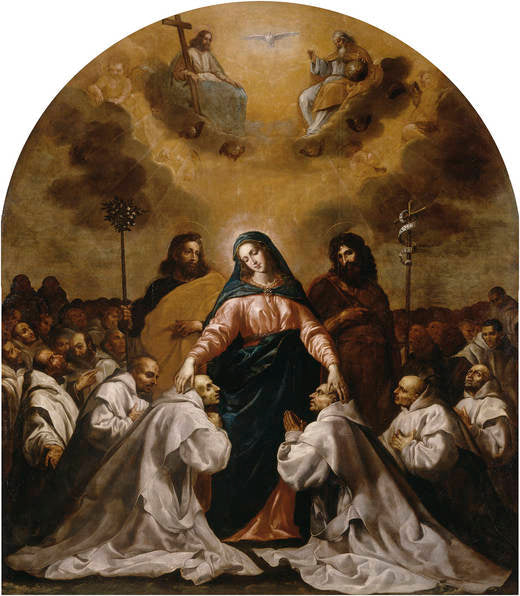 La Vierge, accompagnée de saint Joseph et de saint Jean-Baptiste, abrite l'ordre des Chartreux sous ses robes. - Vincenzo Carducci image 1 copie peinte à la main à l’huile