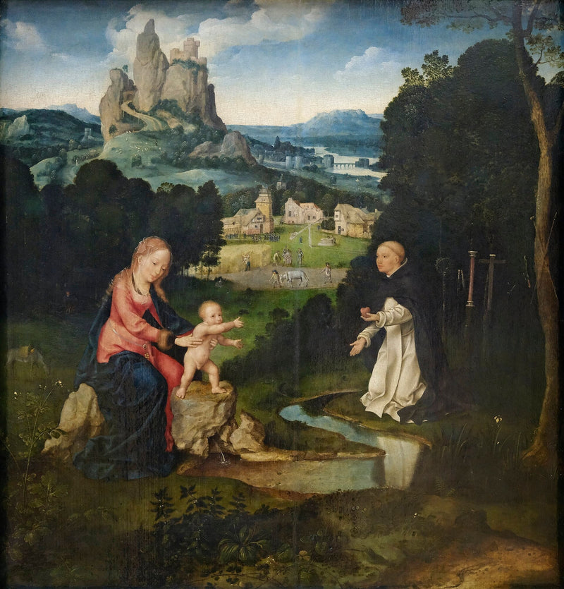 성모자와 도미니크 수도사가 마음을 바치는 모습 - Joos van Cleve