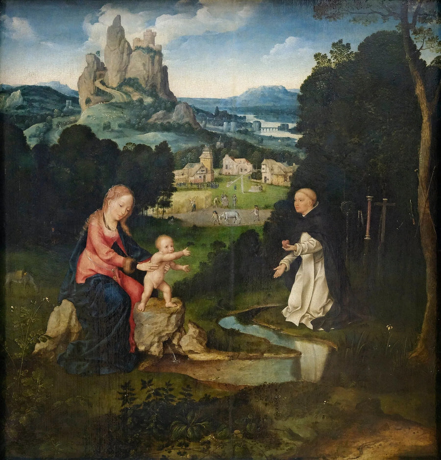 성모자와 도미니크 수도사가 마음을 바치는 모습 - Joos van Cleve