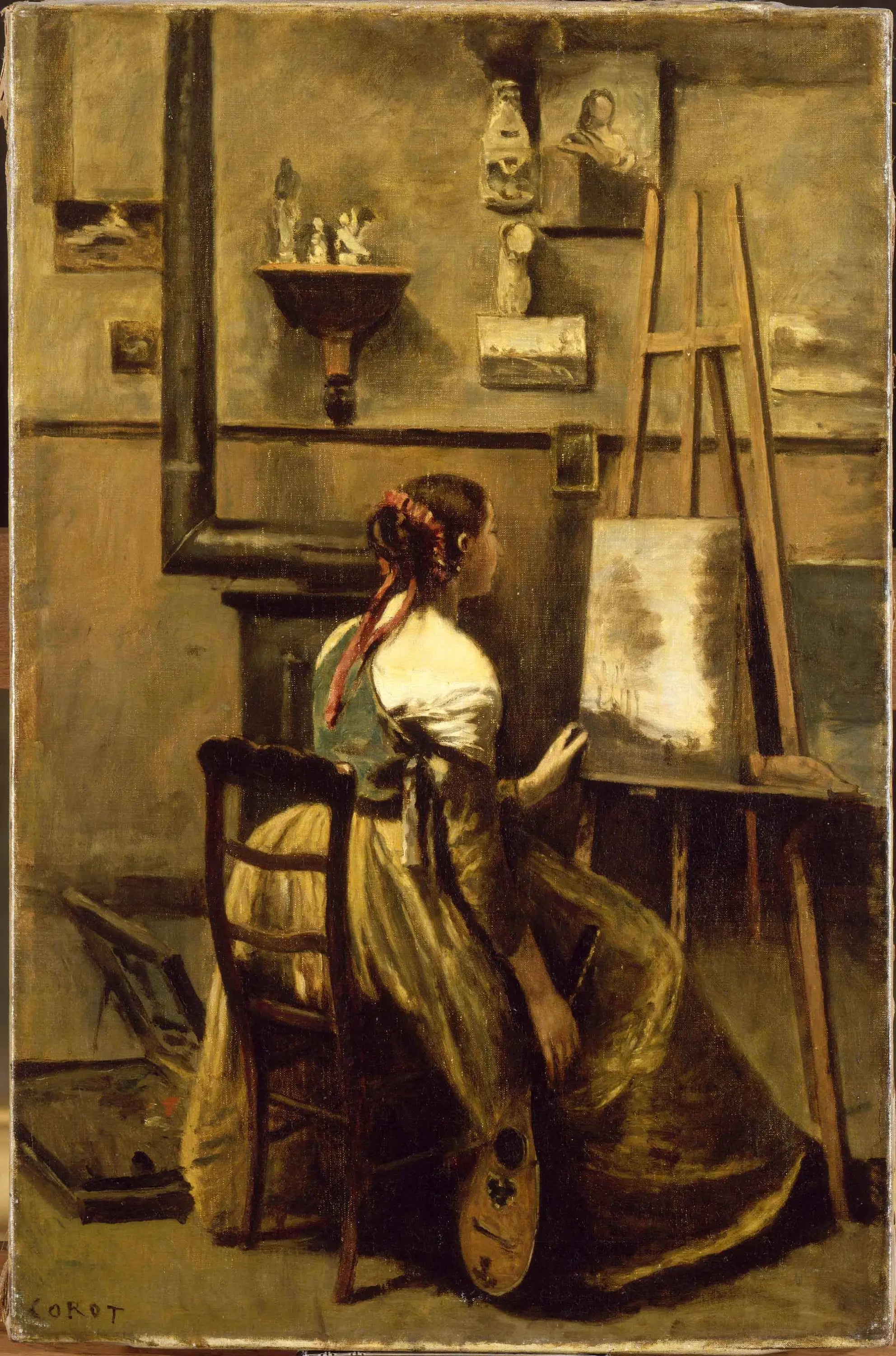 L’Atelier de l’artiste: Jeune femme assise devant un chevalet - Jean-Baptiste Camille Corot - Alpha Reproduction