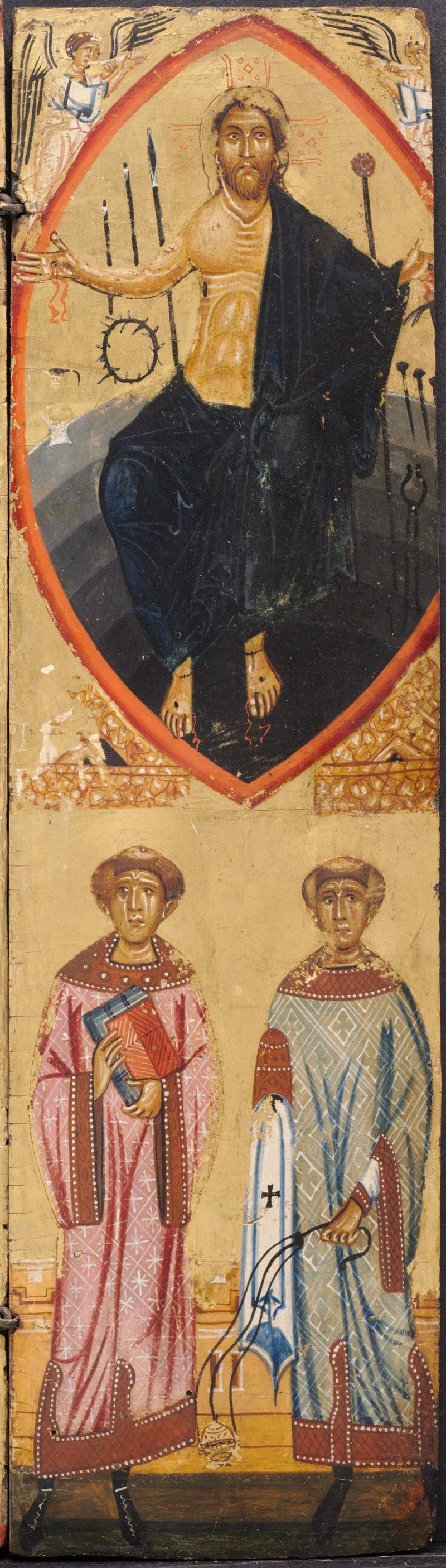 십자가에 못 박힌 그리스도, 수난의 도구들과 함께, 아래에 성 스테파노와 성 로렌초가 있는 만도르라 안에 - 베를링히에로 베를링히에리