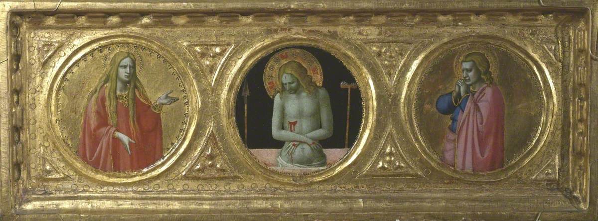 Le Christ en homme de douleur entouré de sainte Marie-Madeleine et de saint Jean l'Évangéliste (prédelle, panneau central) - Fra Angelico