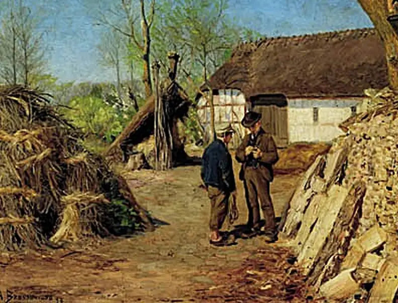 젊은 농부의 아들이 젊은 농민에게 말하고 있다. - H. A. Brendekilde

Source:
Le fils d'un jeune fermier parle à un jeune paysan. - H. A. Brendekilde