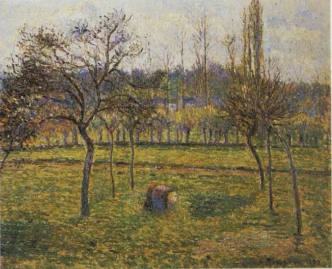 에라니의 초원 배경과 풀을 줍는 여성 - 카미유 피사로