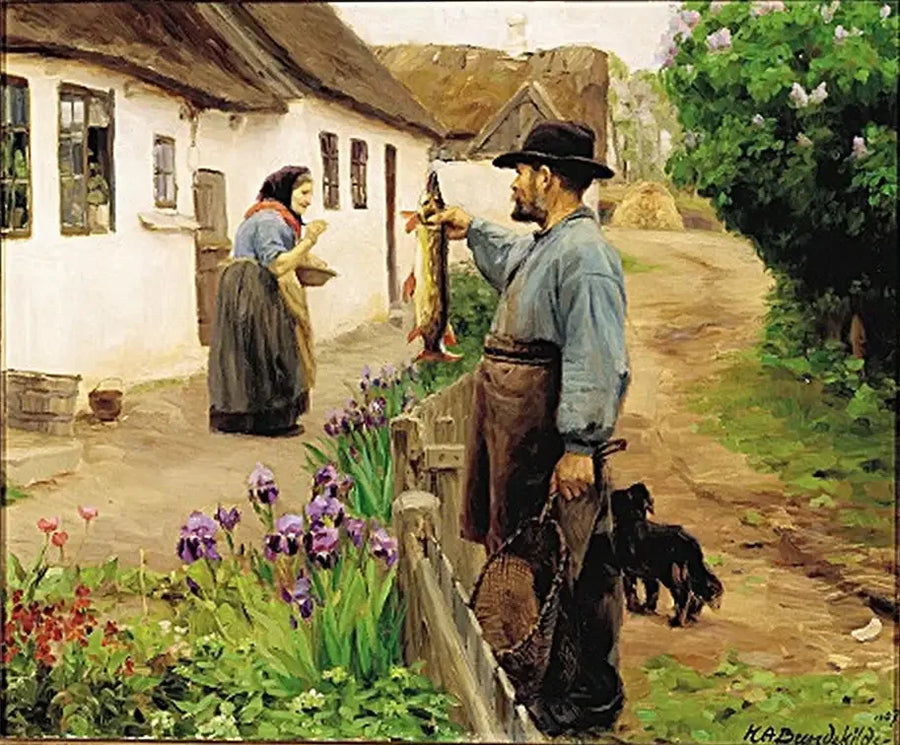 « 낚시꾼 ». 한 낚시꾼이 노파에게 신선한 큰 송어를 선물합니다. - H. A. Brendekilde

Source:
« Le Pêcheur ». Un pêcheur offre un grand brochet frais à une vieille femme. - H. A. Brendekilde