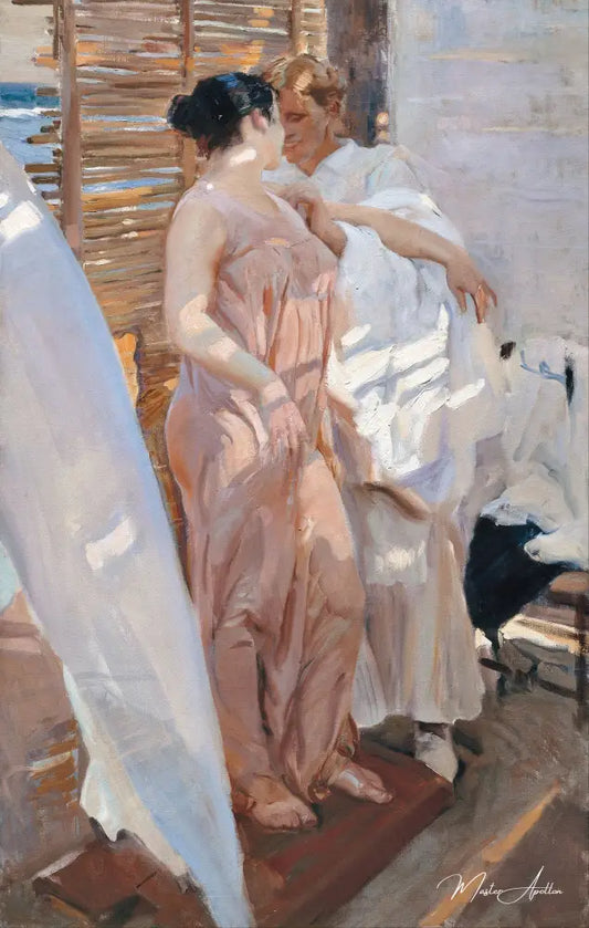 Le Peignoir rose - Sorolla - Reproductions de tableaux et peintures haut de gamme