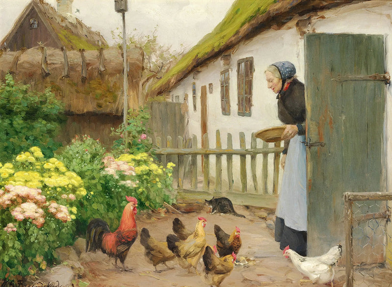 닭들은 먹이를 먹고 있습니다. - H. A. Brendekilde

Source:
Les poules sont nourries. - H. A. Brendekilde