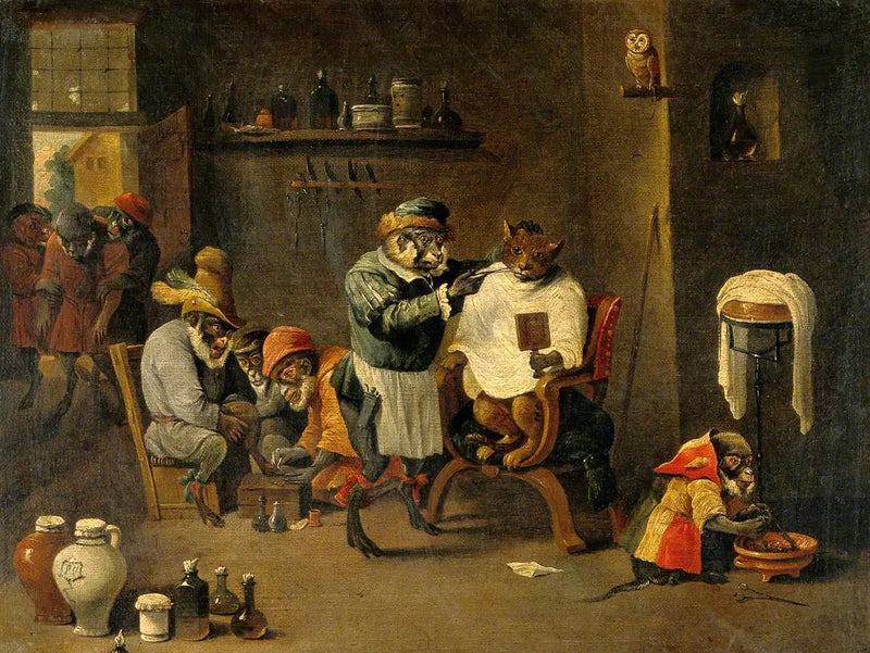 원숭이 미용사 외과의사의 설립 - 데이비드 테니에르 르 쥬네

Source:
L'établissement d'un barbier-chirurgien singe - David Teniers le Jeune