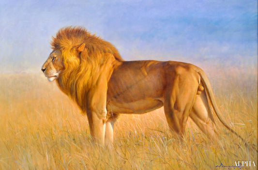 Lion dans la savane | 150 x 100 cm Reproductions de tableaux à la peinture à l’huile