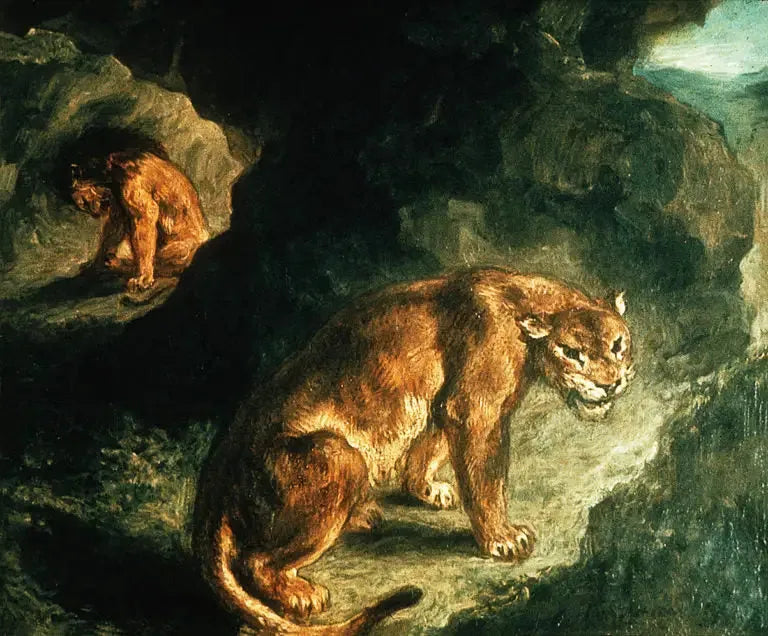 Lionne et lion dans leur antre - Eugène Delacroix image 1 reproduction artisanale de tableau