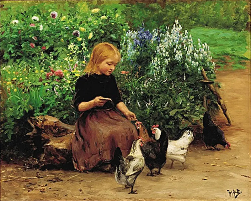 리제는 닭들에게 먹이를 준다. - H. A. Brendekilde

Source:
Lise nourrit les poules. - H. A. Brendekilde