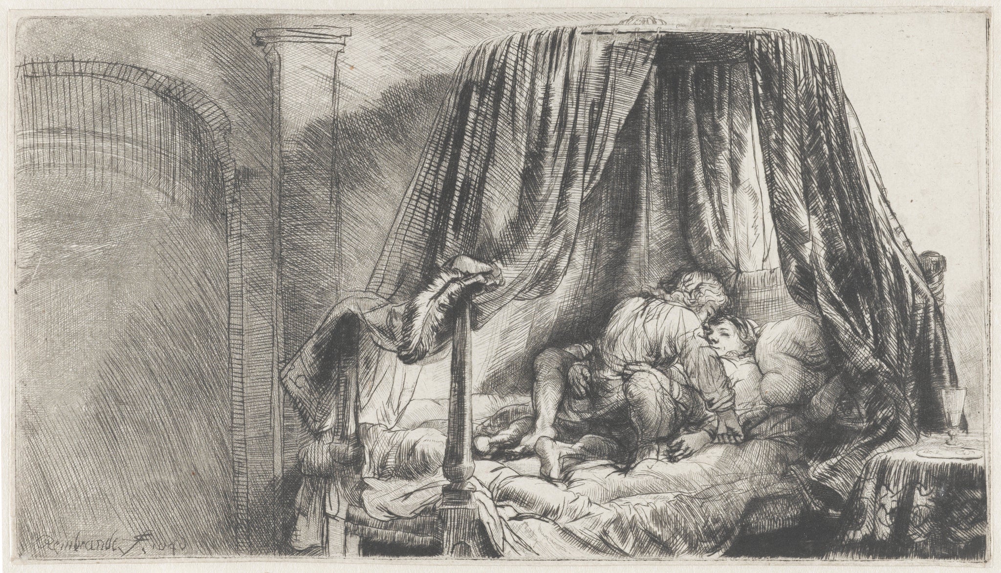 Le Lit à la française de Rembrandt, composition horizontale reproduite sur toile