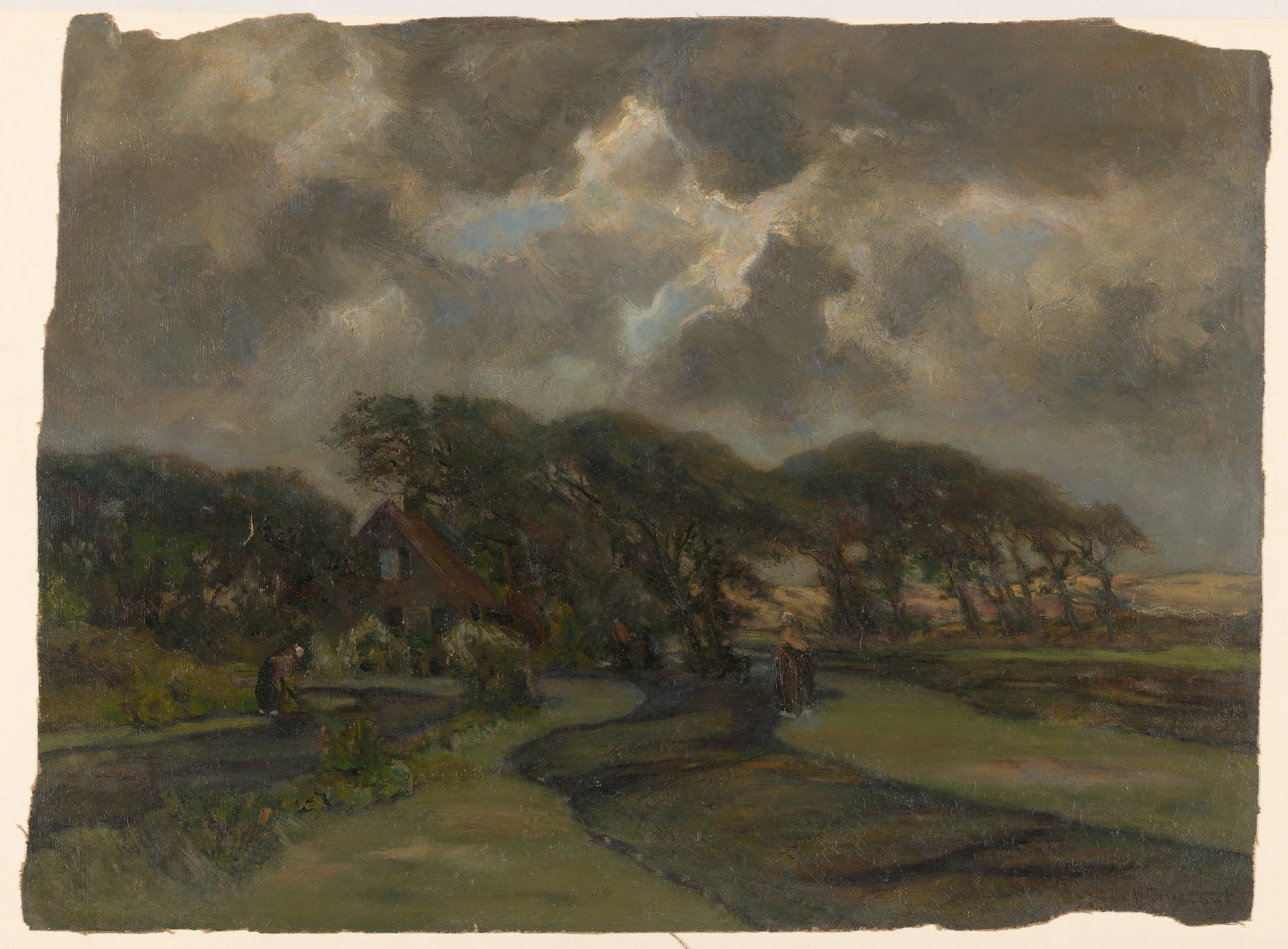 Maison près de la lisière des arbres et femmes avec des filets de pêche - Frans Smissaert