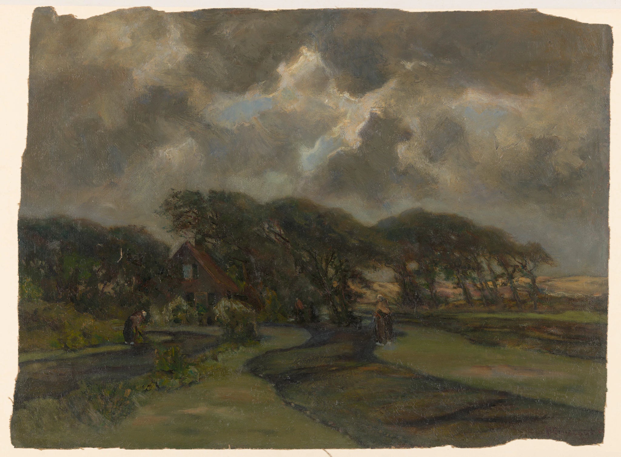 Maison près de la lisière des arbres et femmes avec des filets de pêche - Frans Smissaert