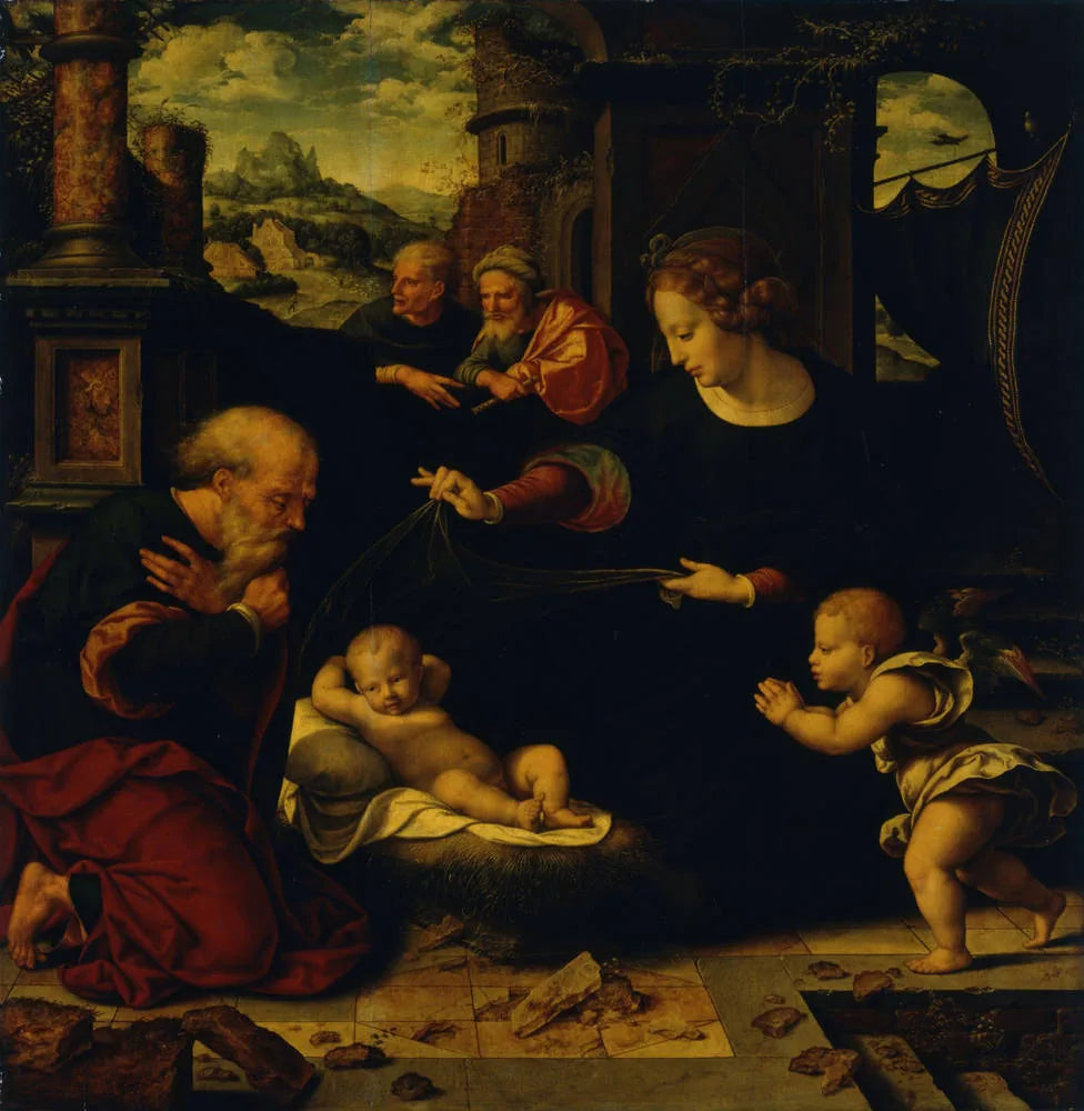 Maria und Joseph, vor dem Kind kniend - Joos van Cleve image 1 reproduction de peinture à l’huile