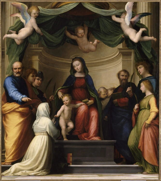Le Mariage mystique de sainte Catherine de Sienne, avec saints Pierre, Vincent Ferrier, Étienne, Barthélemy, Dominique, François et deux autres saints - Fra Bartolomeo (Baccio della Porta, dit)