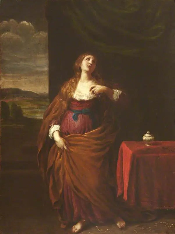 Marie-Madeleine debout de tout son long avec vue sur un vaste paysage au-delà - Guido Reni image 1 copie peinte à la main à l’huile