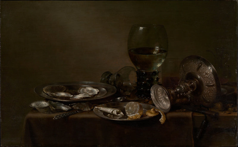 Nature morte aux huîtres, une tazza en argent et de la verrerie - Willem Claesz Heda