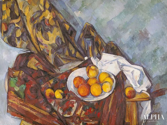 Nature morte avec le rideau fleuri et l'assiette de fruits - Paul Cézanne - Reproductions de tableaux et peintures haut de gamme