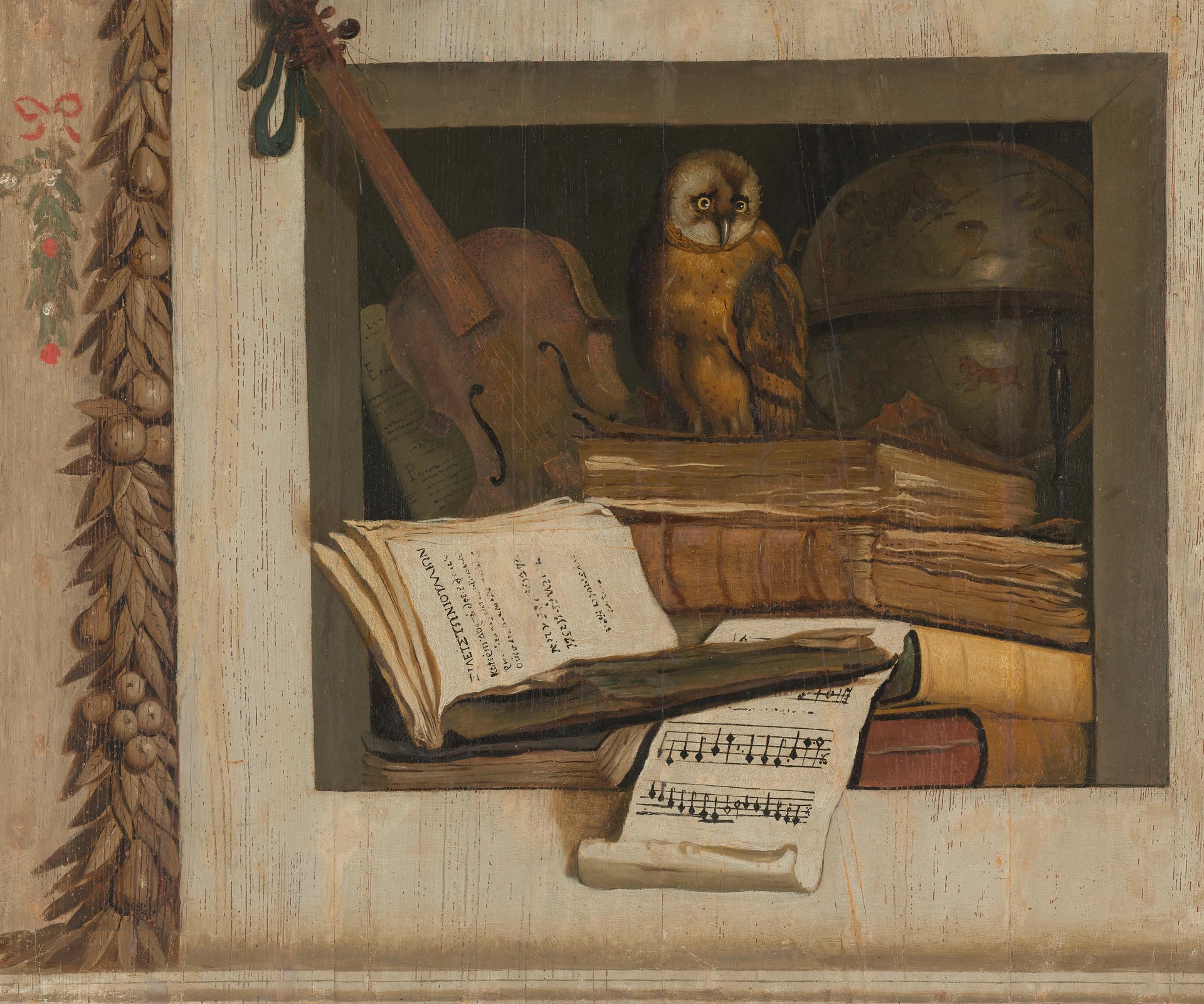 Nature morte avec livres, partitions, violon, globe céleste et hibou - Jacob van Campen
