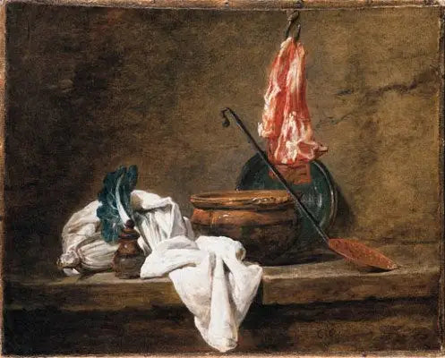 시들어가는 자연, 행주, 냄비, 접시, 거름망, 그리고 고기가 걸린 걸이 - 장 시메옹 샤르댕