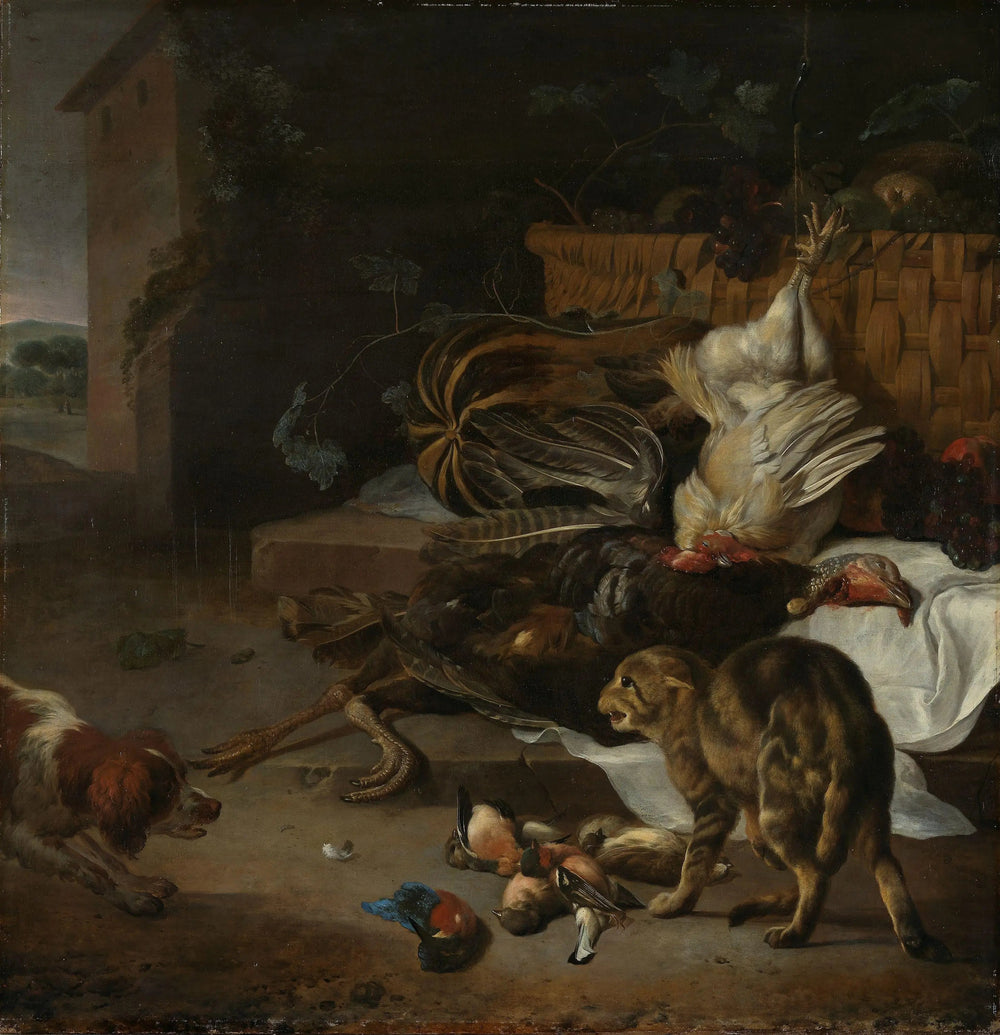 Nature morte avec volaille et fruits - Melchior de Hondecoeter image 1 tableau peint à l’huile sur toile