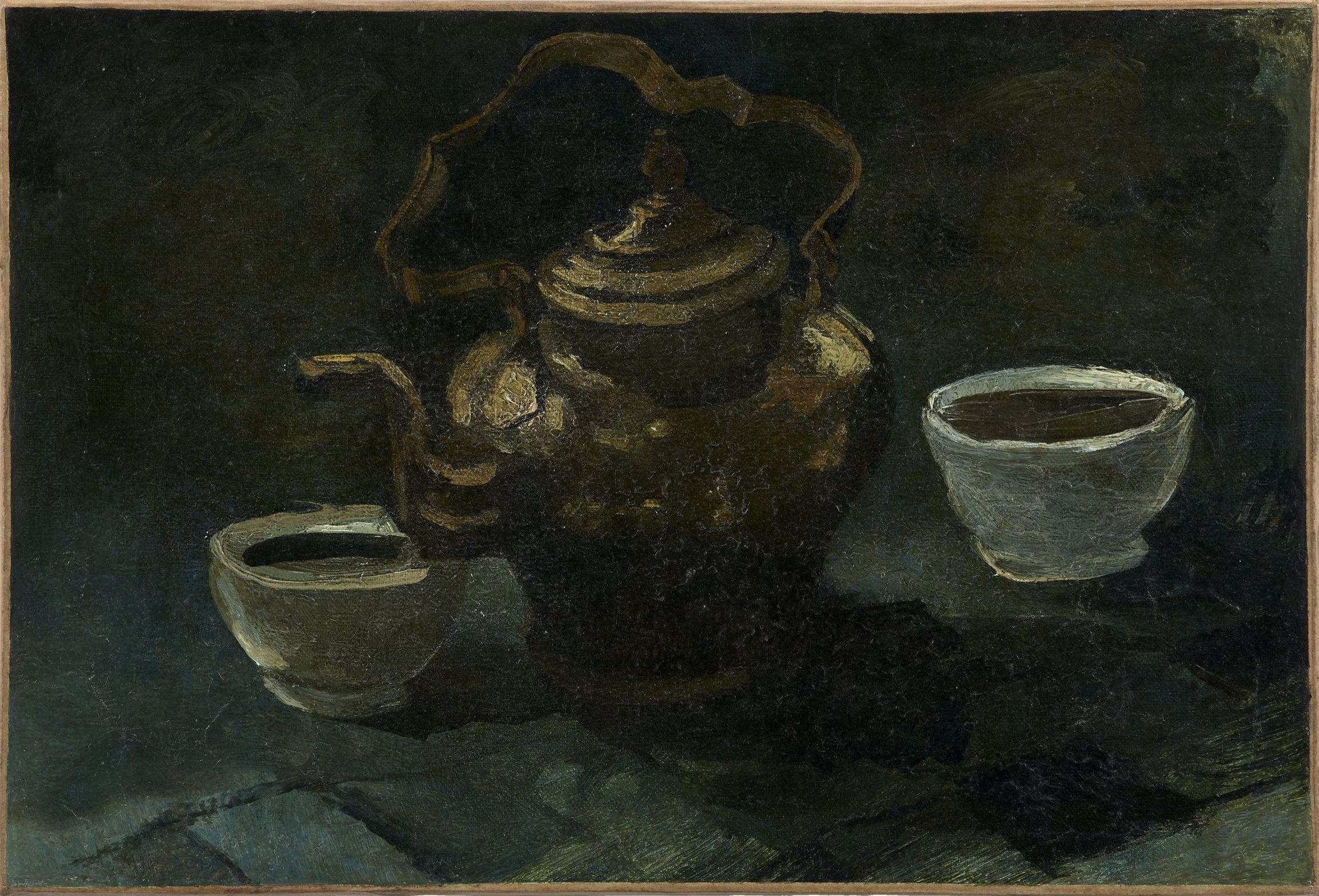 Reproduction du tableau « Nature morte, cafetière en cuivre et deux bols blancs - Vincent van Gogh » par Alpha Reproduction en peinture à l’huile