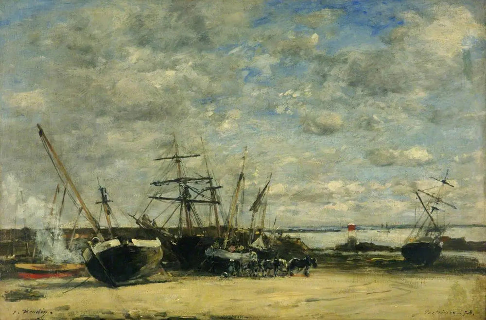 Navires et chevaux sur le rivage - Eugène Boudin image 1 copie peinte à la main à l’huile
