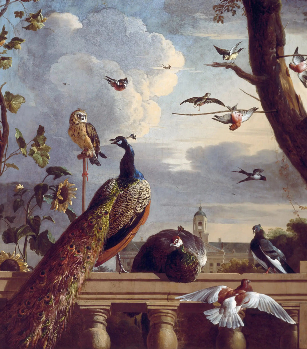 Oiseaux autour d'une balustrade, avec l'hôtel de ville d'Amsterdam en arrière-plan, 1670 - Melchior de Hondecoeter image 1 copie peinte à la main à l’huile