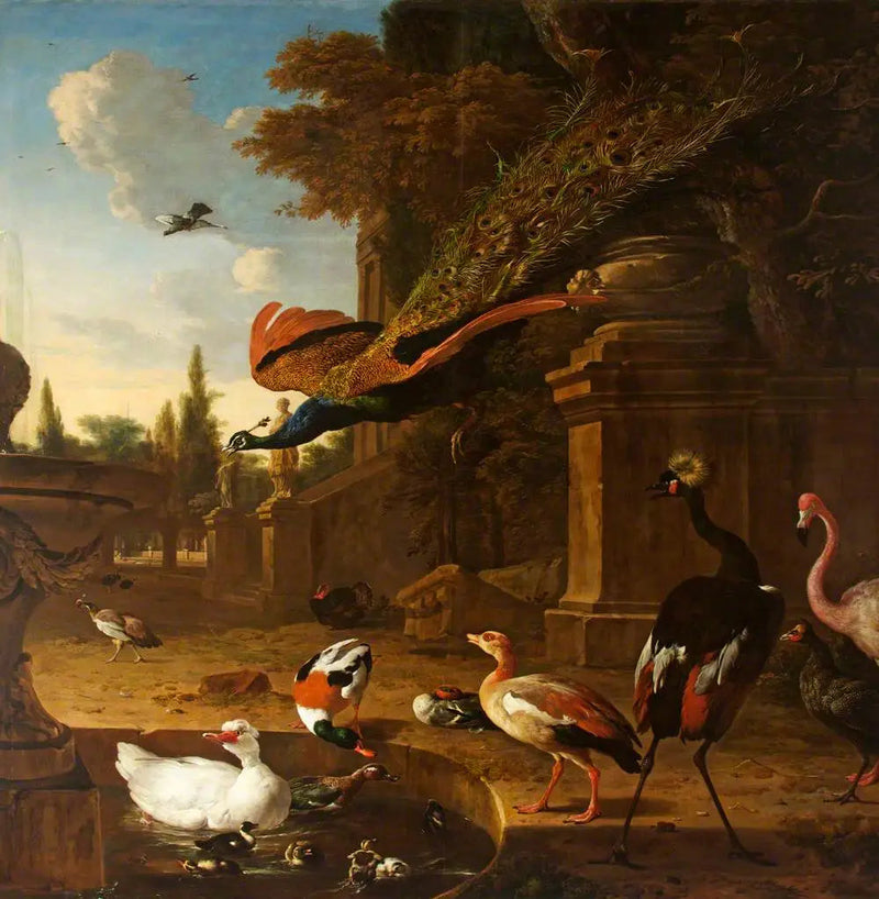 공원 연못 안과 주변에 있는 관상용 새들, 날아오르는 공작 - Melchior de Hondecoeter