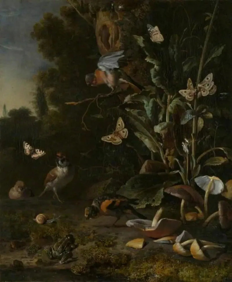새, 나비, 그리고 개구리가 식물과 버섯 사이에 - Melchior de Hondecoeter