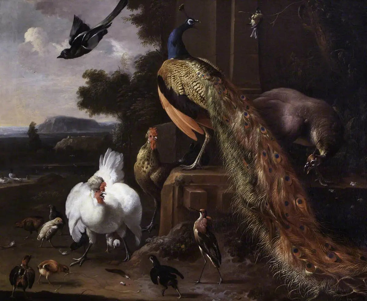 Paons et volailles de basse-cour avec une pie dans un paysage - Melchior de Hondecoeter image 1 tableau peint à l’huile sur toile