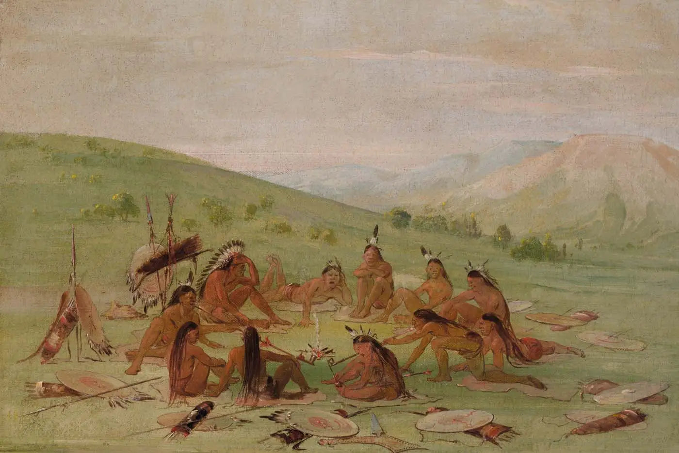 Parti de la guerre à pied au conseil, Mandan - George Catlin image 1 copie peinte à la main à l’huile