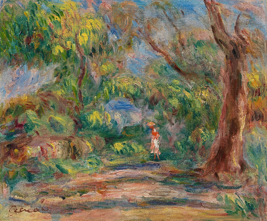 Paysage, allée de ferme avec femme en rouge et blanc de Renoir, 1918 – reproduction peinture à l’huile sur toile