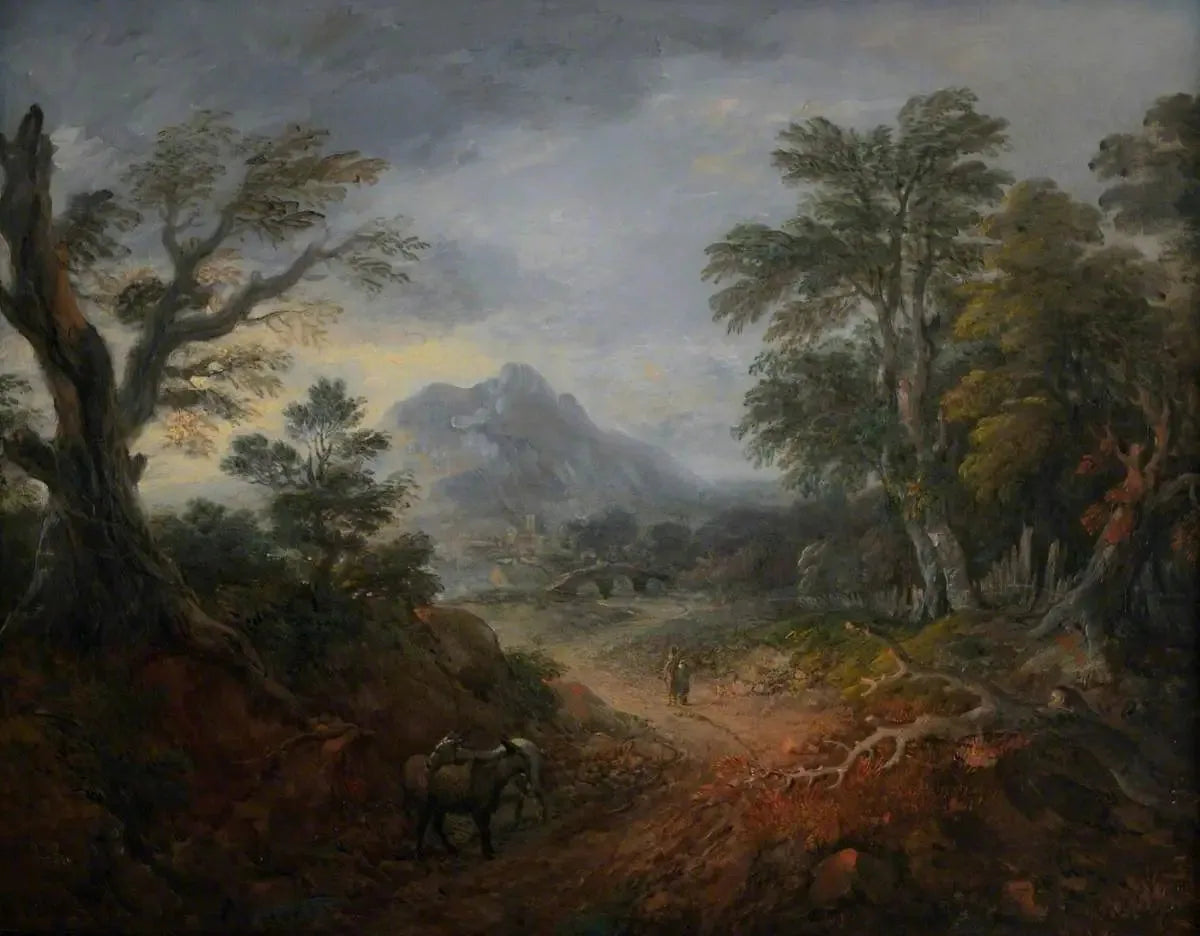 Paysage boisé avec personnages, pont, ânes, bâtiments au loin et montagne - Thomas Gainsborough image 1 reproduction de peinture à l’huile
