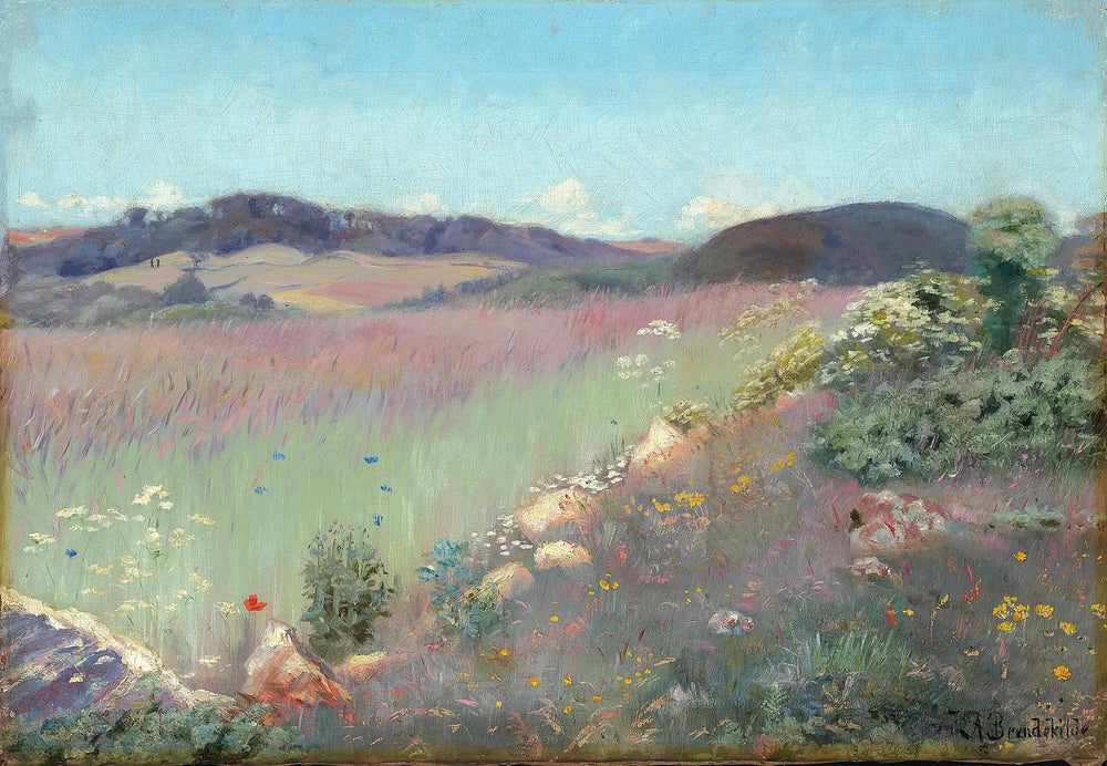 Paysage d'été danois avec coquelicots et bleuets. - H. A. Brendekilde image 1 copie de tableau peinte à la main