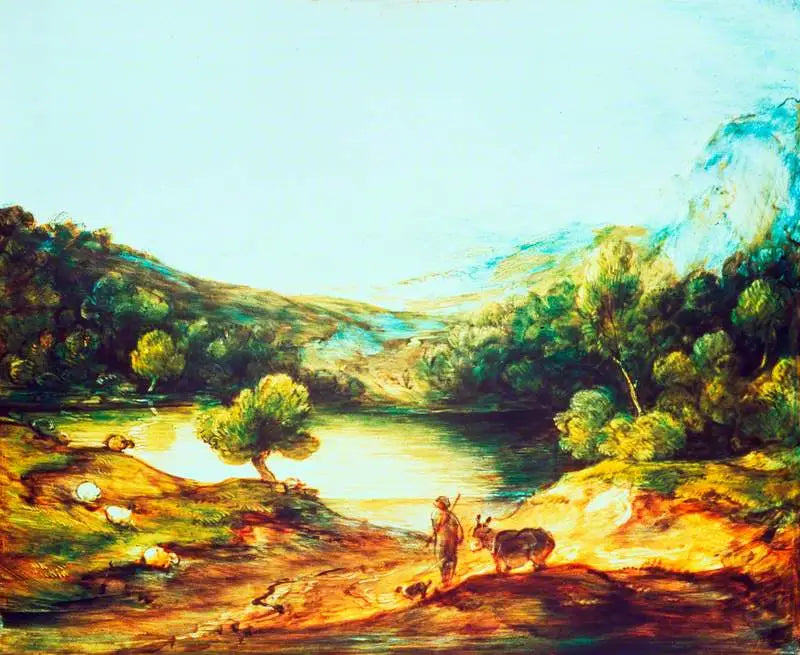 숲이 우거진 고지대 풍경, 목동과 나귀, 흩어진 양들, 호수와 마을, 멀리 언덕들 - Thomas Gainsborough