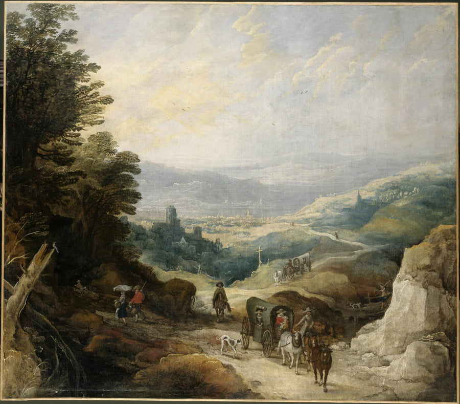 Paysage montagneux avec deux coches et un cavalier - Sebastiaen Vrancx