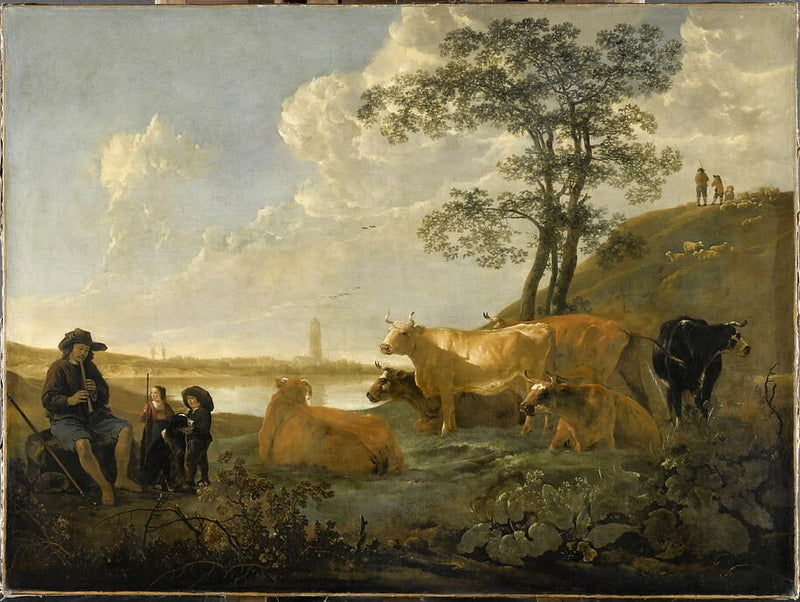 Paysage près de la ville de Rhenen : vaches au pâturage et berger jouant de la flûte - Aelbert Cuyp