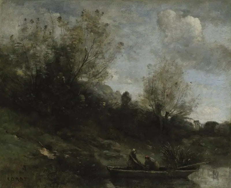 Pêcheurs en barque au bord de la rive - Jean-Baptiste Camille Corot - Alpha Reproduction