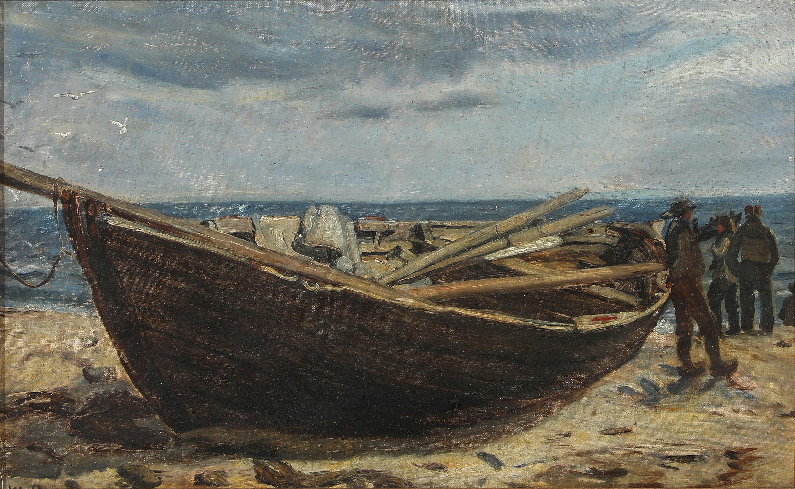 Pêcheurs et un bateau à la plage de Skagen. - Michael Peter Ancher image 1 reproduction de peinture à l’huile