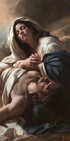Pietà classique verticale en gris et bleu — Peinture à l’huile sur commande