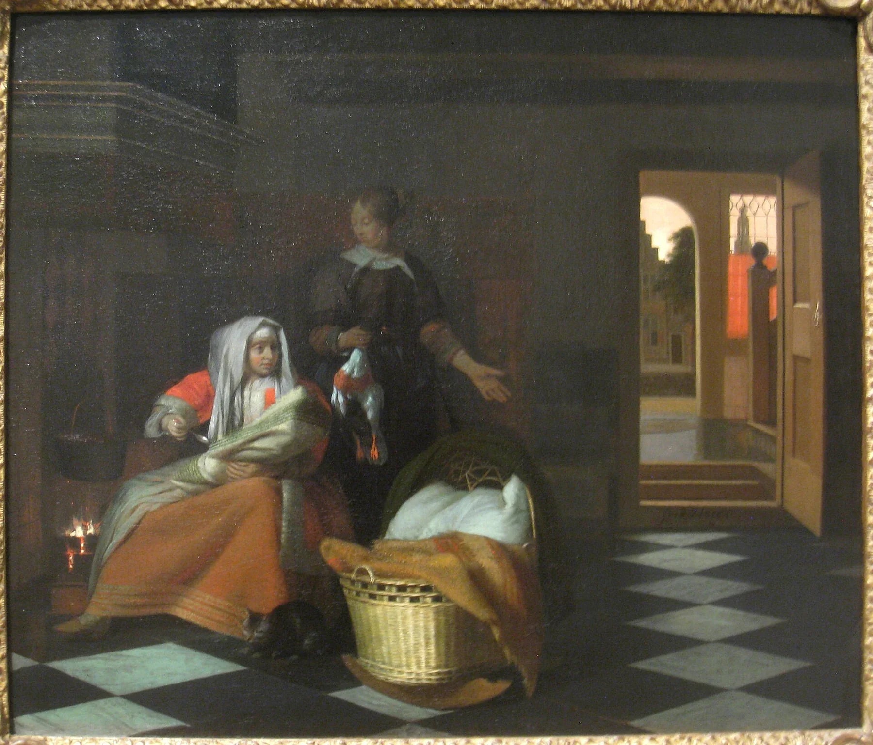 Deux femmes et un enfant avec une poule dans un intérieur, peinture de Pieter de Hooch