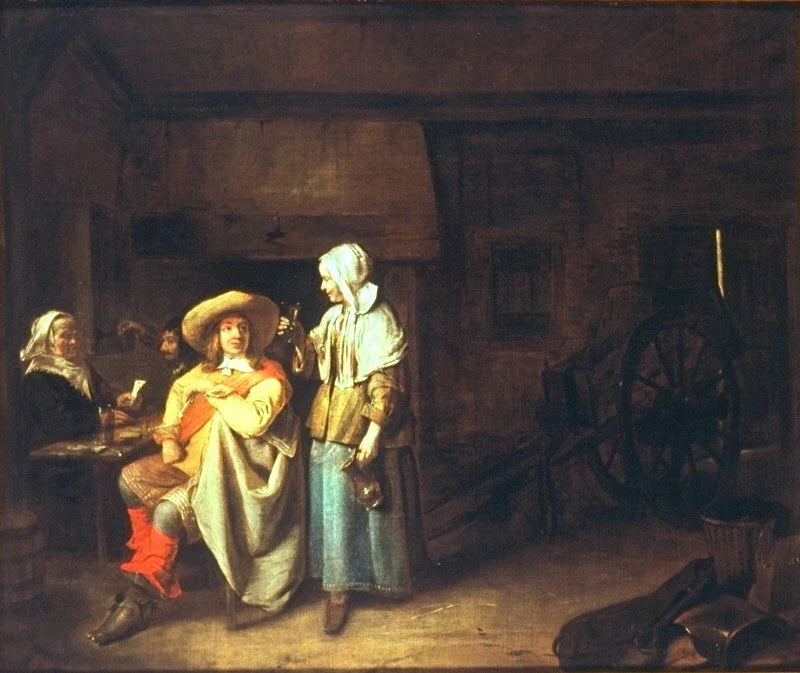 Soldat avec femme et joueurs de cartes dans une taverne, peinture de Pieter de Hooch
