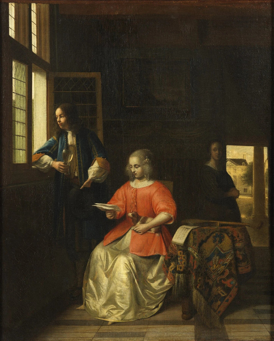 Femme lisant une lettre et un homme à une fenêtre, peinture de Pieter de Hooch