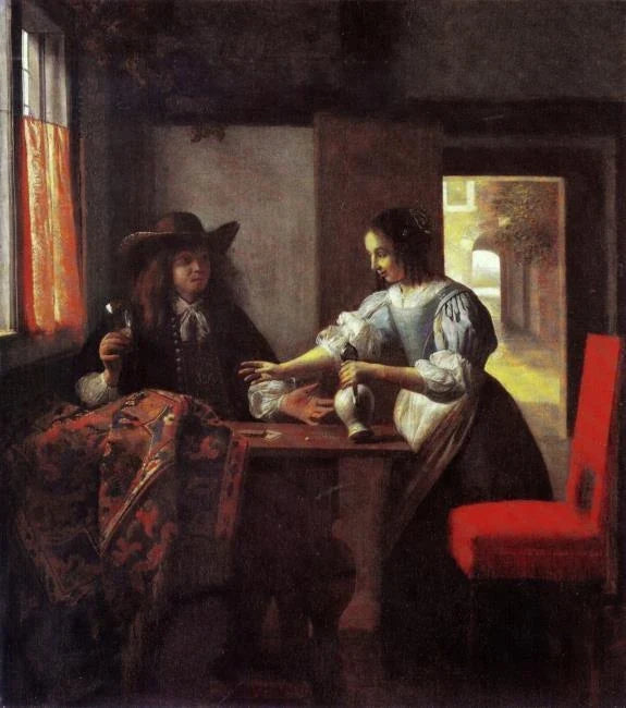 Homme avec un verre et une femme avec une cruche dans un intérieur - Pieter de Hooch
